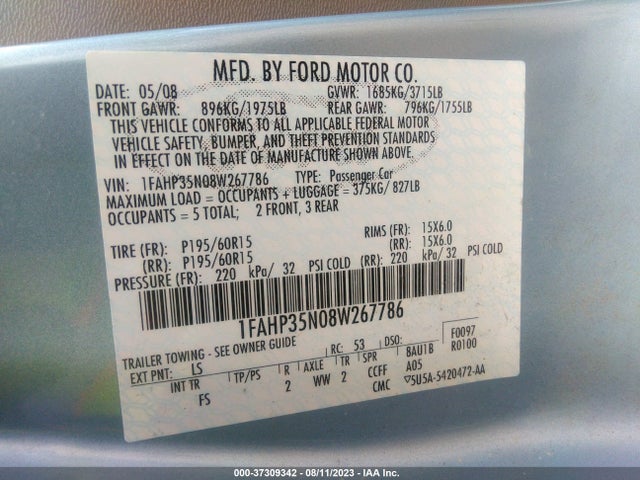 2008 FORD FOCUS SE VIN: 1FAHP35N08W267786