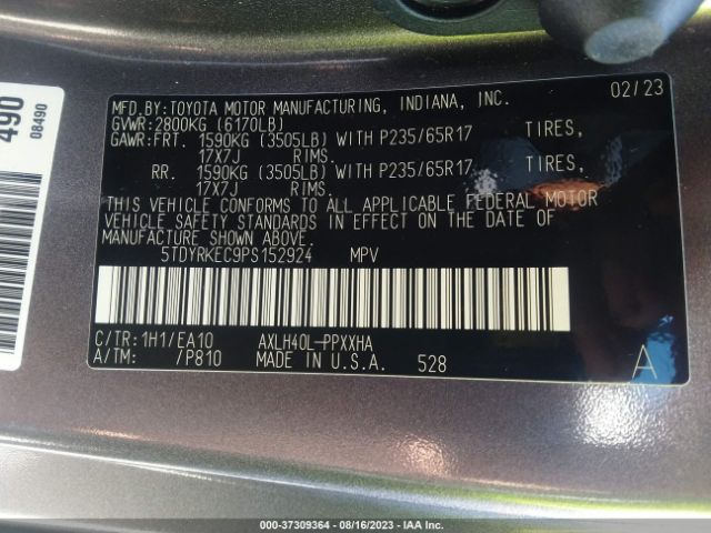 5TDYRKEC9PS152924 Toyota SIENNA XLE