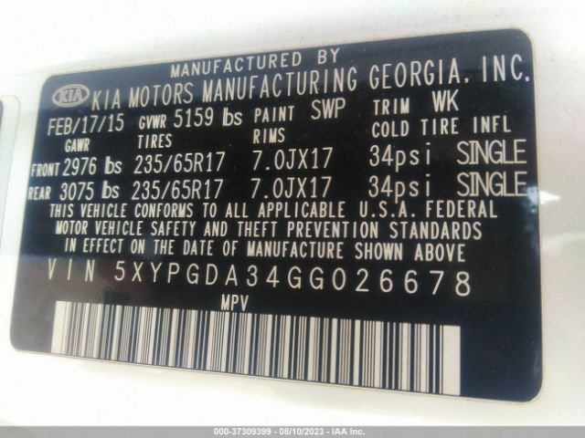 5XYPGDA34GG026678 KIA SORENTO LX