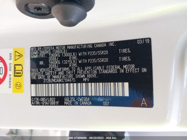 2T2BZMCA8KC194615 Lexus RX
