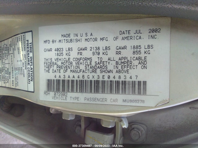 2003 MITSUBISHI GALANT ES/LS VIN: 4A3AA46GX3E048347