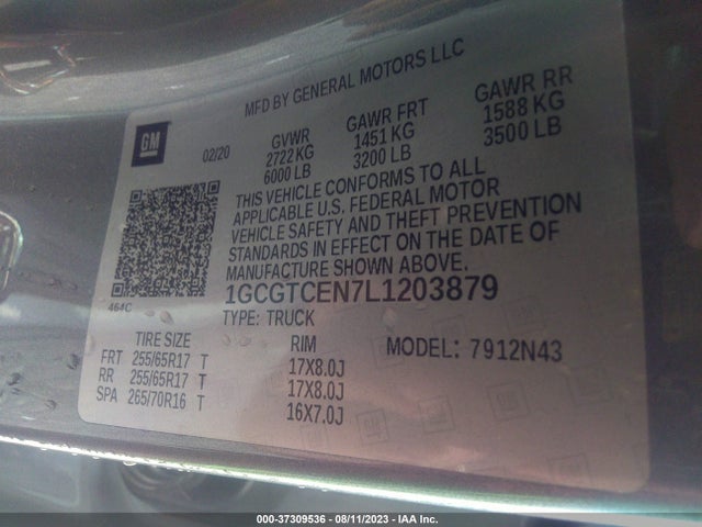 2020 CHEVROLET COLORADO 4WD LT VIN: 1GCGTCEN7L1203879