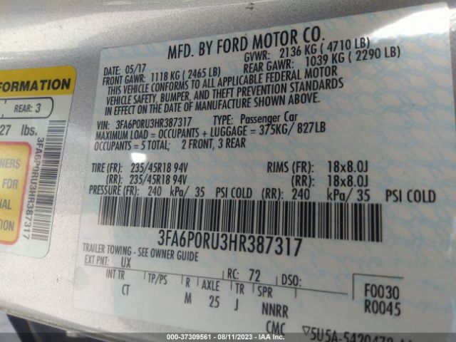 3FA6P0RU3HR387317 Ford FUSION HYBRID