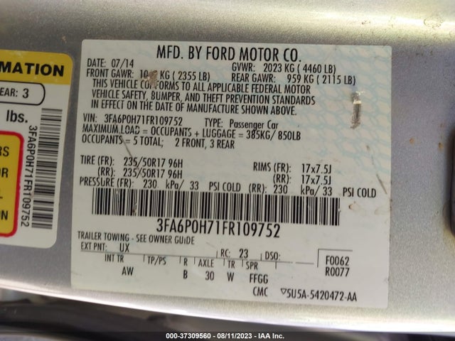 2015 FORD FUSION SE VIN: 3FA6P0H71FR109752