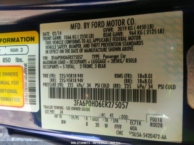 3FA6P0HD6ER275057 Ford FUSION SE