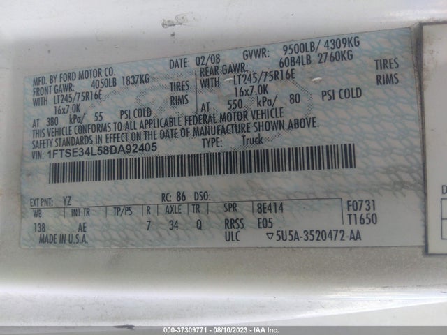 2008 FORD ECONOLINE CARGO VAN COMMERCIAL/RECREATIONAL VIN: 1FTSE34L58DA92405