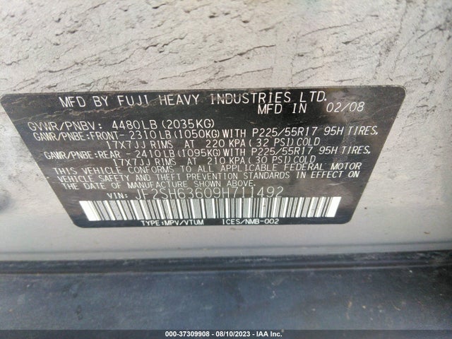 37309908 :رقم المزاد ، JF2SH63609H711492 vin ، 2009 Subaru Forester X W/premium Pkg مزاد بيع