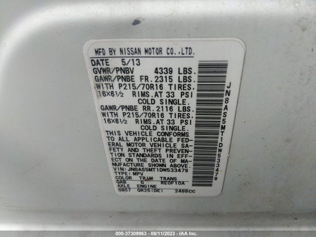 2013 NISSAN ROGUE S VIN: JN8AS5MT1DW533479