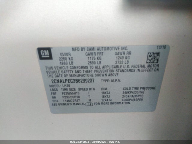 2011 CHEVROLET EQUINOX LT W/2LT VIN: 2CNALPEC3B6299237
