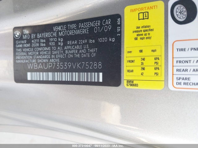 2009 BMW 1 SERIES 128I VIN: WBAUP73539VK75288