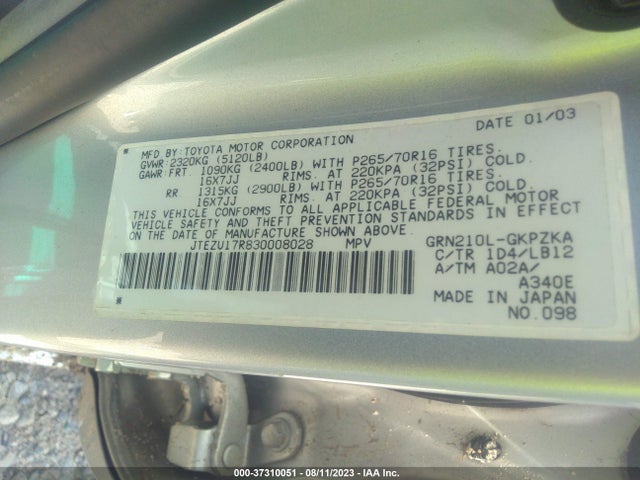 2003 TOYOTA 4RUNNER LIMITED VIN: JTEZU17R830008028