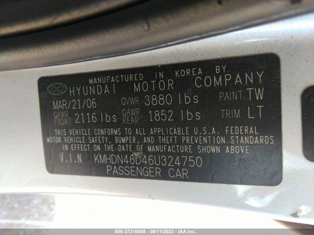 2006 Hyundai Elantra Limited/gls მანქანა იყიდება აუქციონზე, vin: KMHDN46D46U324750, აუქციონის ნომერი: 37310088