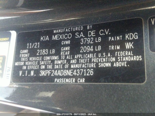 3KPF24AD8NE437126 KIA Forte Lxs