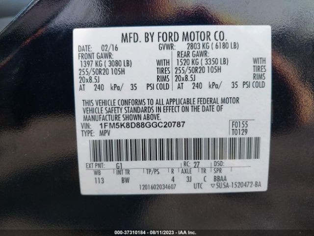 1FM5K8D88GGC20787 Ford EXPLORER XLT