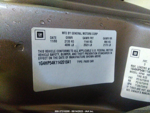 2001 BUICK LESABRE CUSTOM VIN: 1G4HP54K114201841