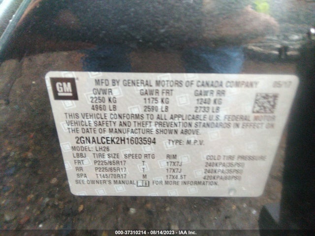 Chevrolet EQUINOX LT 2017 2GNALCEK2H1603594 Image 9
