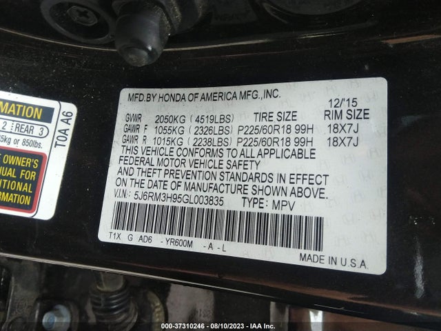 Honda Cr-v Touring 2016 5J6RM3H95GL003835 Image 9