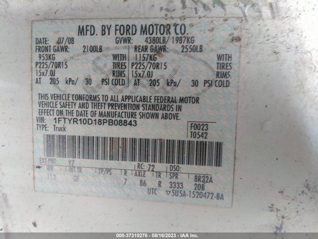 2008 FORD RANGER XL/XLT VIN: 1FTYR10D18PB08843