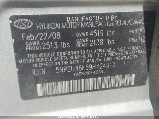 2009 HYUNDAI SONATA LIMITED VIN: 5NPEU46F59H424917
