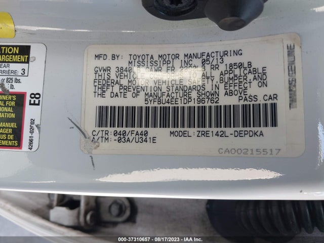 2013 TOYOTA COROLLA L/LE/S VIN: 5YFBU4EE1DP196762