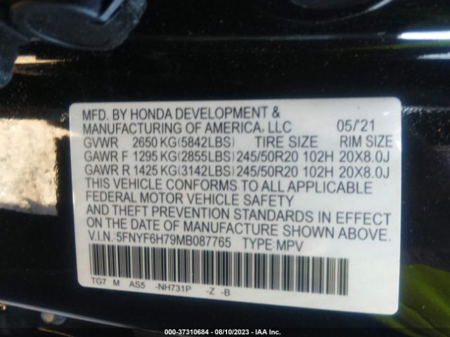 5FNYF6H79MB087765 Honda Pilot Black Edition