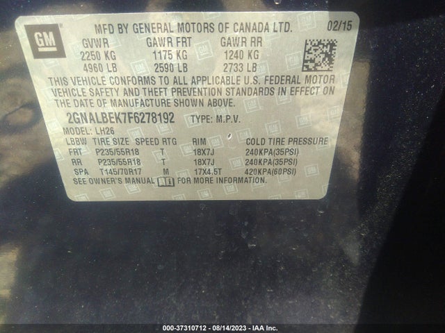 2015 CHEVROLET EQUINOX LT VIN: 2GNALBEK7F6278192