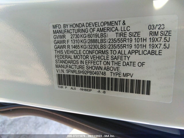 2023 HONDA ODYSSEY ELITE VIN: 5FNRL6H92PB049748