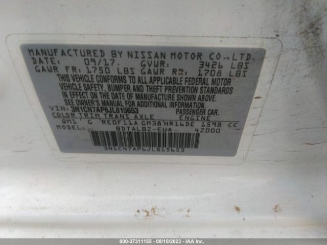 3N1CN7AP6JL815653 Nissan Versa Sedan Sv