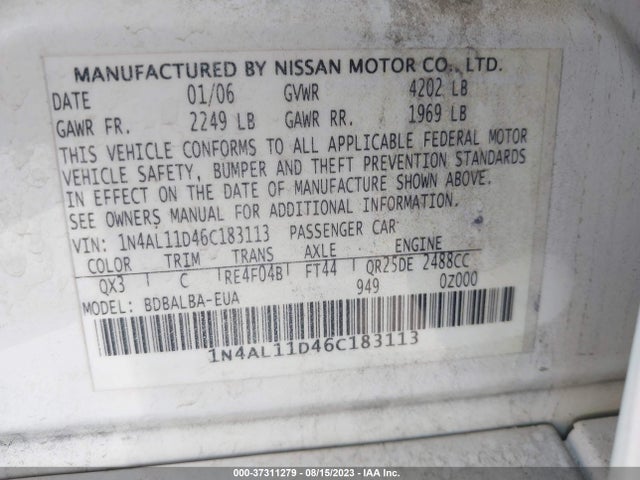 2006 NISSAN ALTIMA 2.5 S VIN: 1N4AL11D46C183113