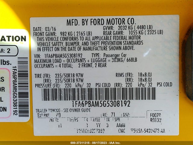 2016 FORD MUSTANG V6 VIN: 1FA6P8AM5G5308192