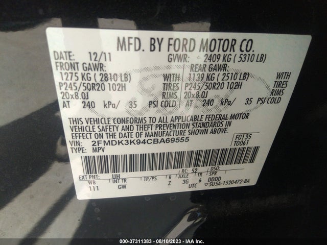 2012 FORD EDGE LIMITED VIN: 2FMDK3K94CBA69555