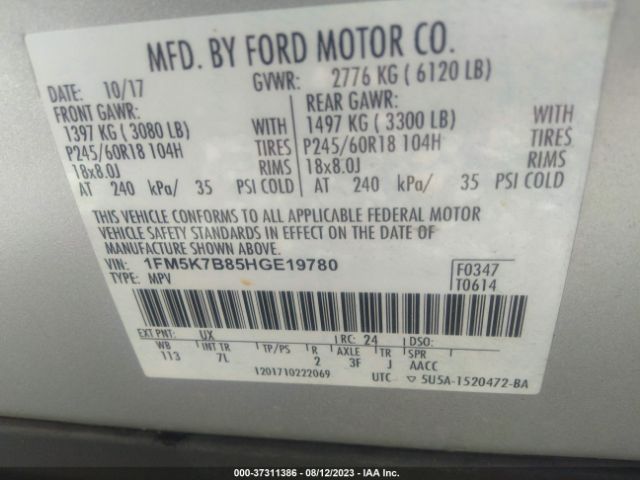 1FM5K7B85HGE19780 Ford Explorer Base
