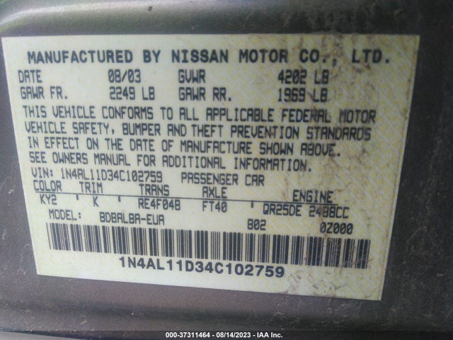 2004 NISSAN ALTIMA S VIN: 1N4AL11D34C102759
