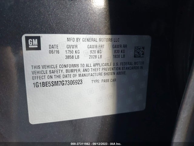 Chevrolet CRUZE LT 2016 1G1BE5SM7G7306923 Image 9