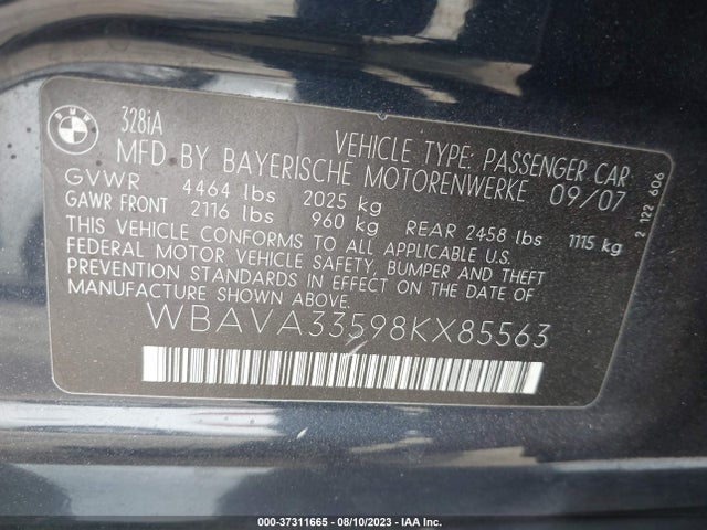 2008 BMW 3 SERIES 328I VIN: WBAVA33598KX85563