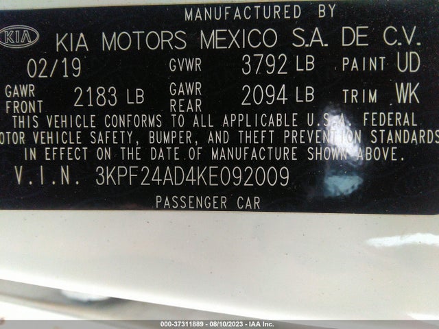 2019 KIA FORTE LXS VIN: 3KPF24AD4KE092009