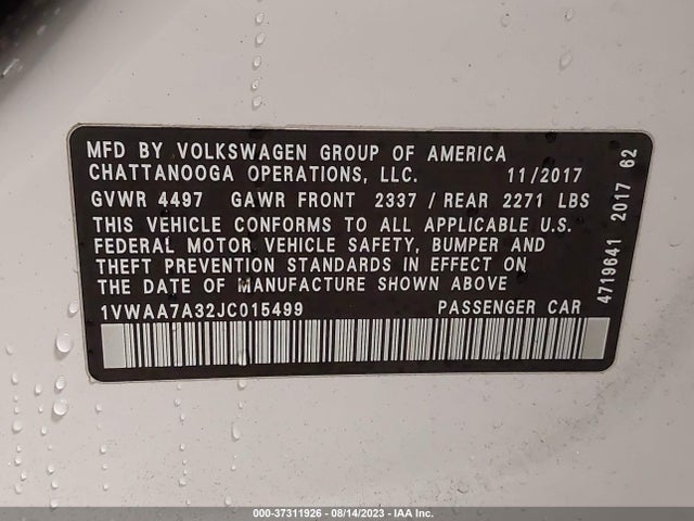 2018 VOLKSWAGEN PASSAT 2.0T S VIN: 1VWAA7A32JC015499