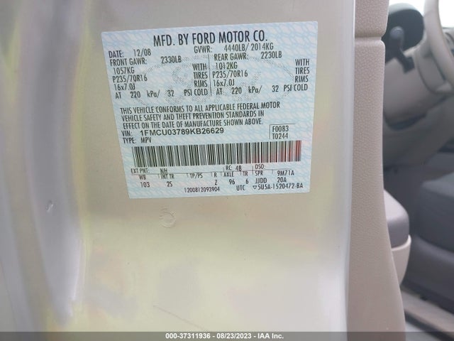 2009 FORD ESCAPE XLT VIN: 1FMCU03789KB26629