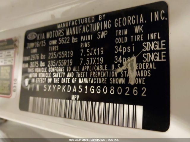 5XYPKDA51GG080262 KIA SORENTO SX