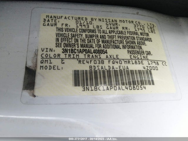2010 NISSAN VERSA 1.8 S VIN: 3N1BC1AP0AL408054