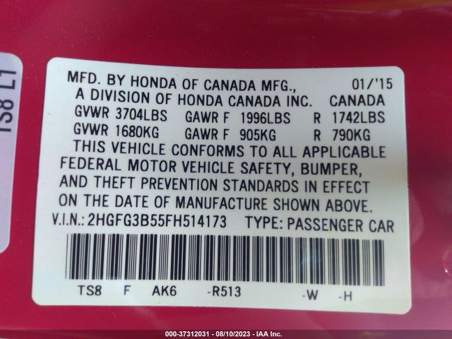 2015 HONDA CIVIC COUPE LX VIN: 2HGFG3B55FH514173
