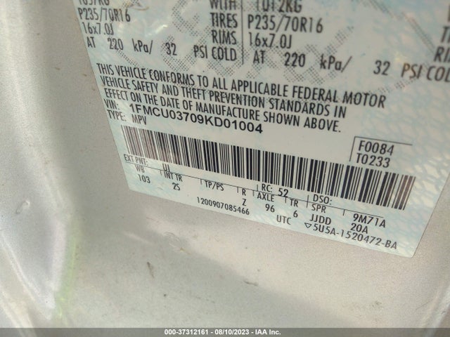 2009 FORD ESCAPE XLT VIN: 1FMCU03709KD01004