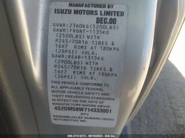 2001 ISUZU RODEO LS VIN: 4S2DM58W714333001