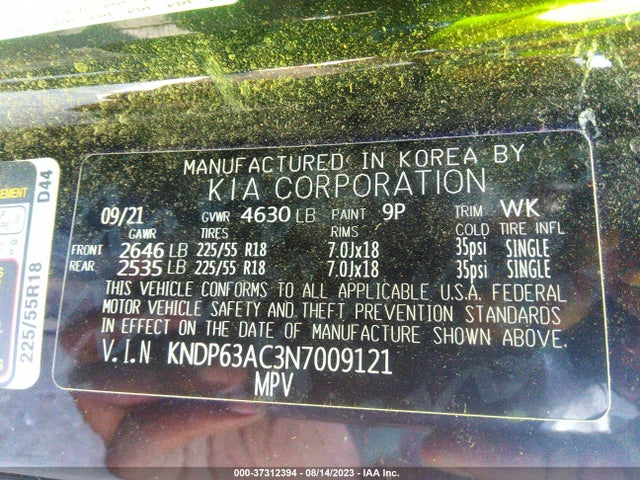 2022 KIA SPORTAGE NIGHTFALL VIN: KNDP63AC3N7009121