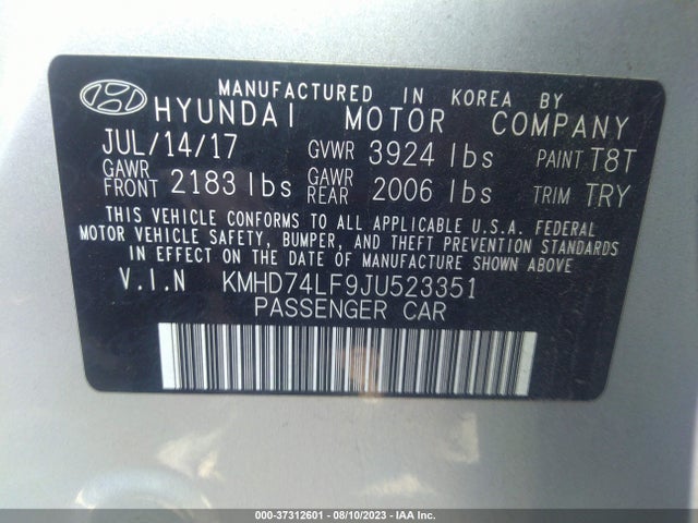 2018 HYUNDAI ELANTRA SE VIN: KMHD74LF9JU523351