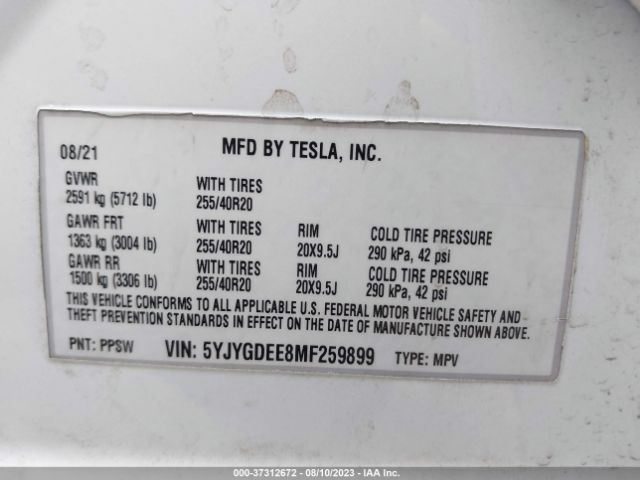 5YJYGDEE8MF259899 Tesla Model Y Long Range