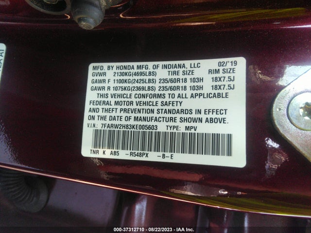 2019 HONDA CR-V EX-L VIN: 7FARW2H83KE005603