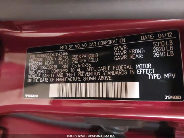 2012 VOLVO XC70 3.0L T6 VIN: YV4902BZXC1143466