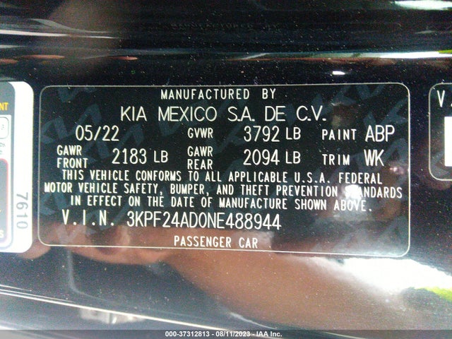2022 KIA FORTE LXS VIN: 3KPF24AD0NE488944