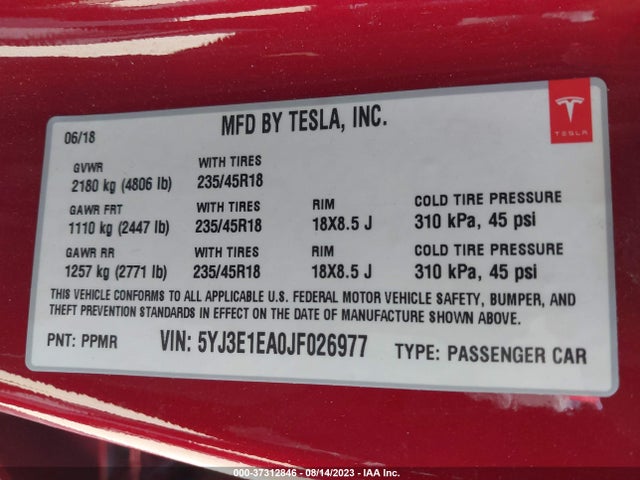 Tesla Model 3 Range Battery 2018 5YJ3E1EA0JF026977 Image 8